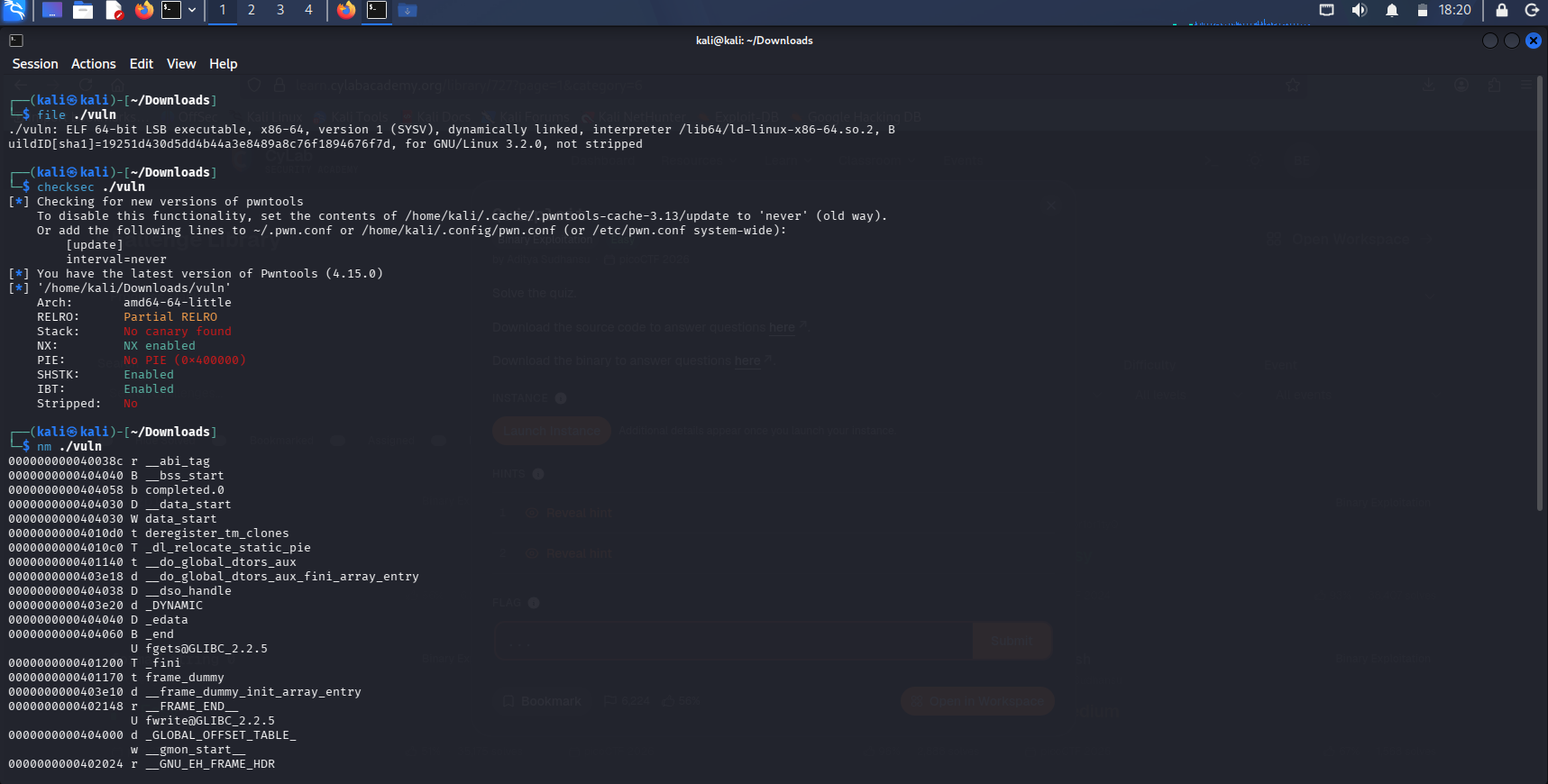checksec output showing NX enabled